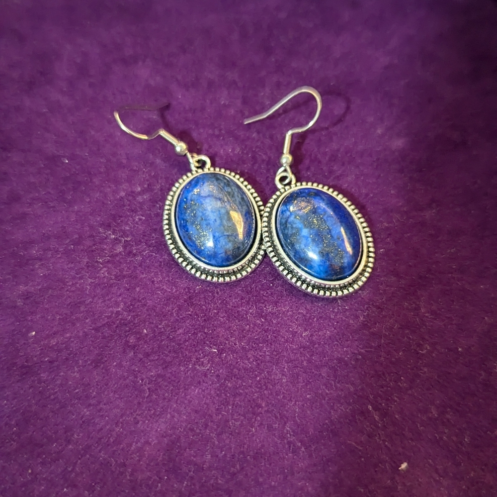 Blue Oval Stone Earrings with Silver Accents